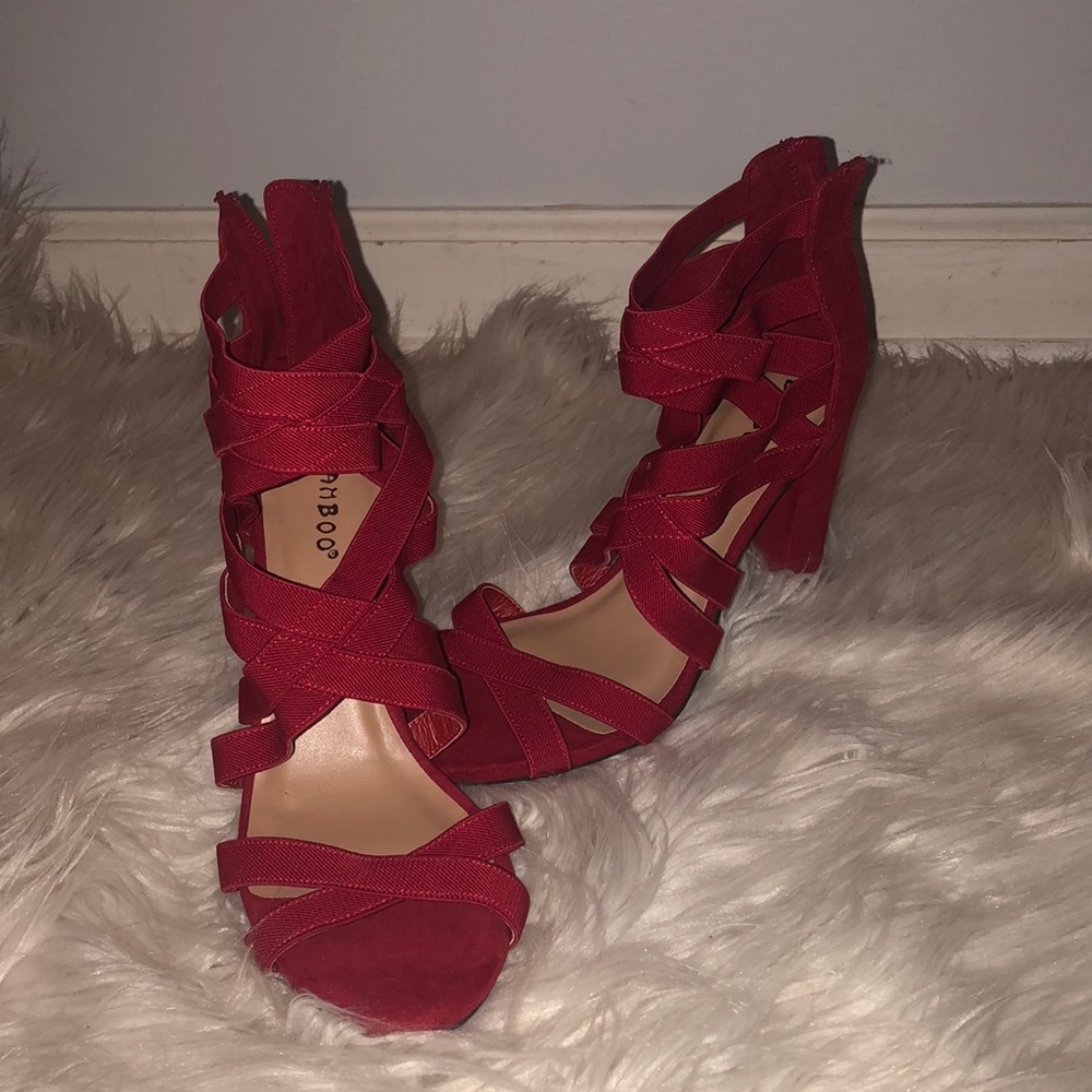 Hot red strap up, open toe heel